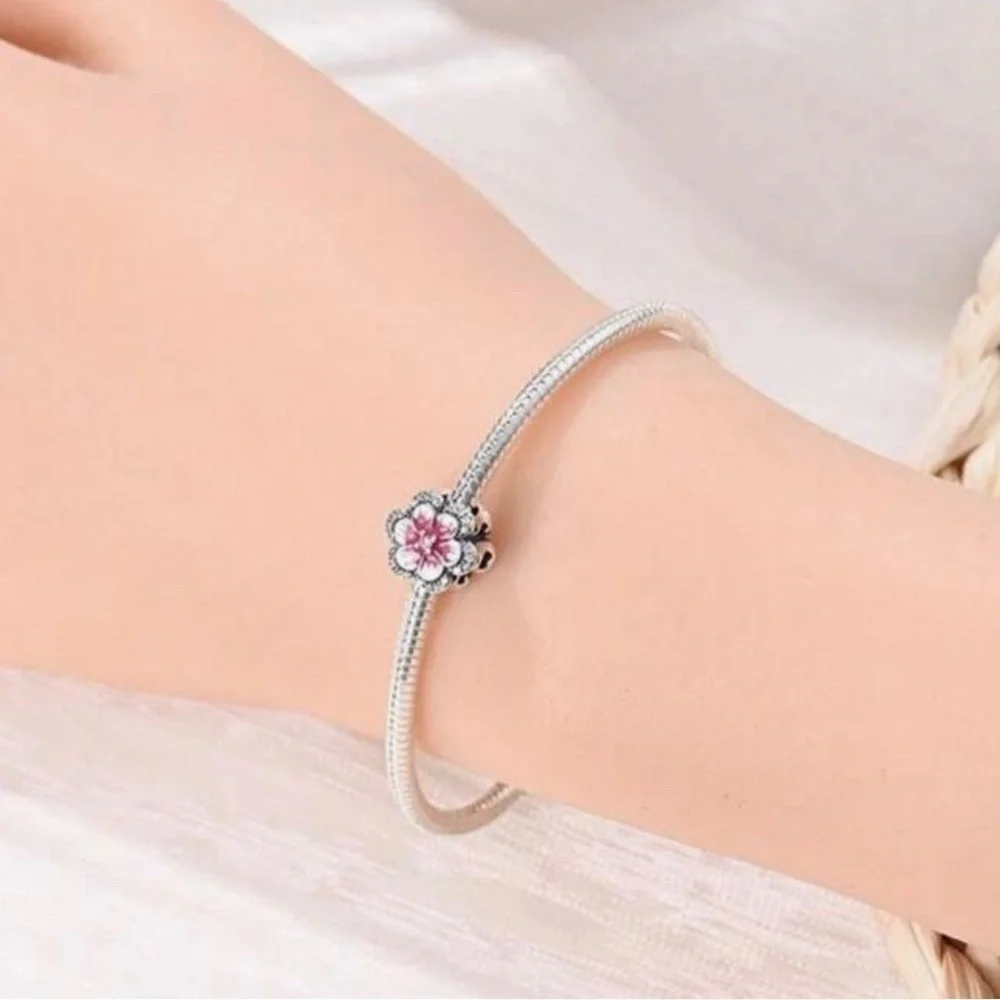 Sterling Silver 925 Pink Flower Charm with CZ Crystals
